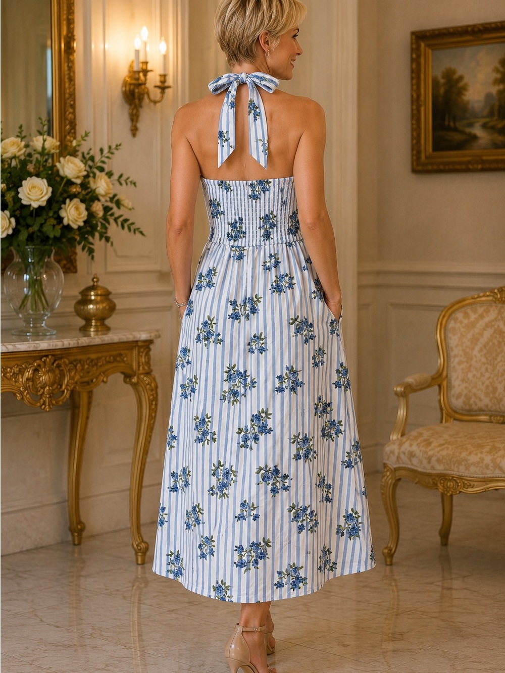Laura Ashley Blue and White Floral Halter Midi Dress - Picture 6 of 6